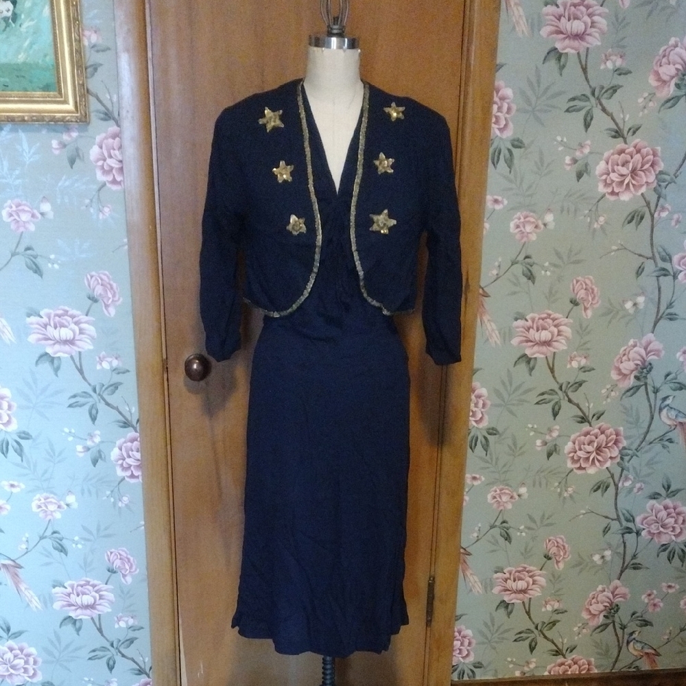 Navy Two-Piece Dress Set with Gold Star Embellishments